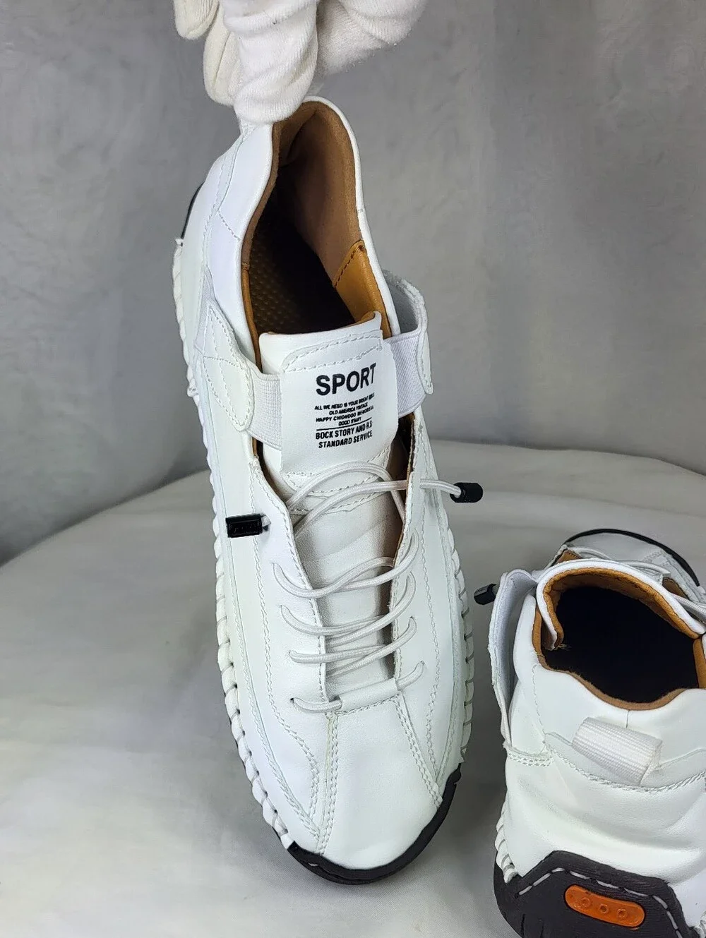 White Women’s Leather Slip On Sport Sneakers Black Sole Sz 8